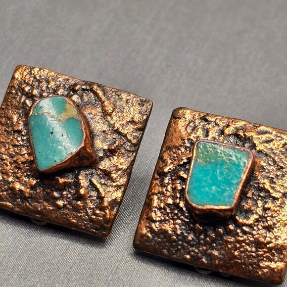 VTG Bell Trading Post Copper Clip-On Earrings Turquoise Brutalist Square - Picture 2 of 13